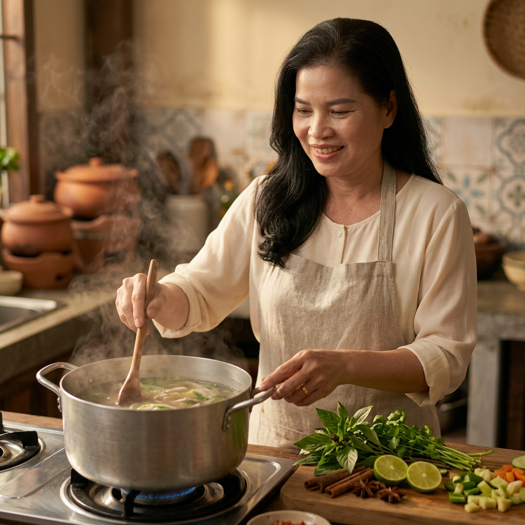 Auntie Hương plating a dish in her kitchen