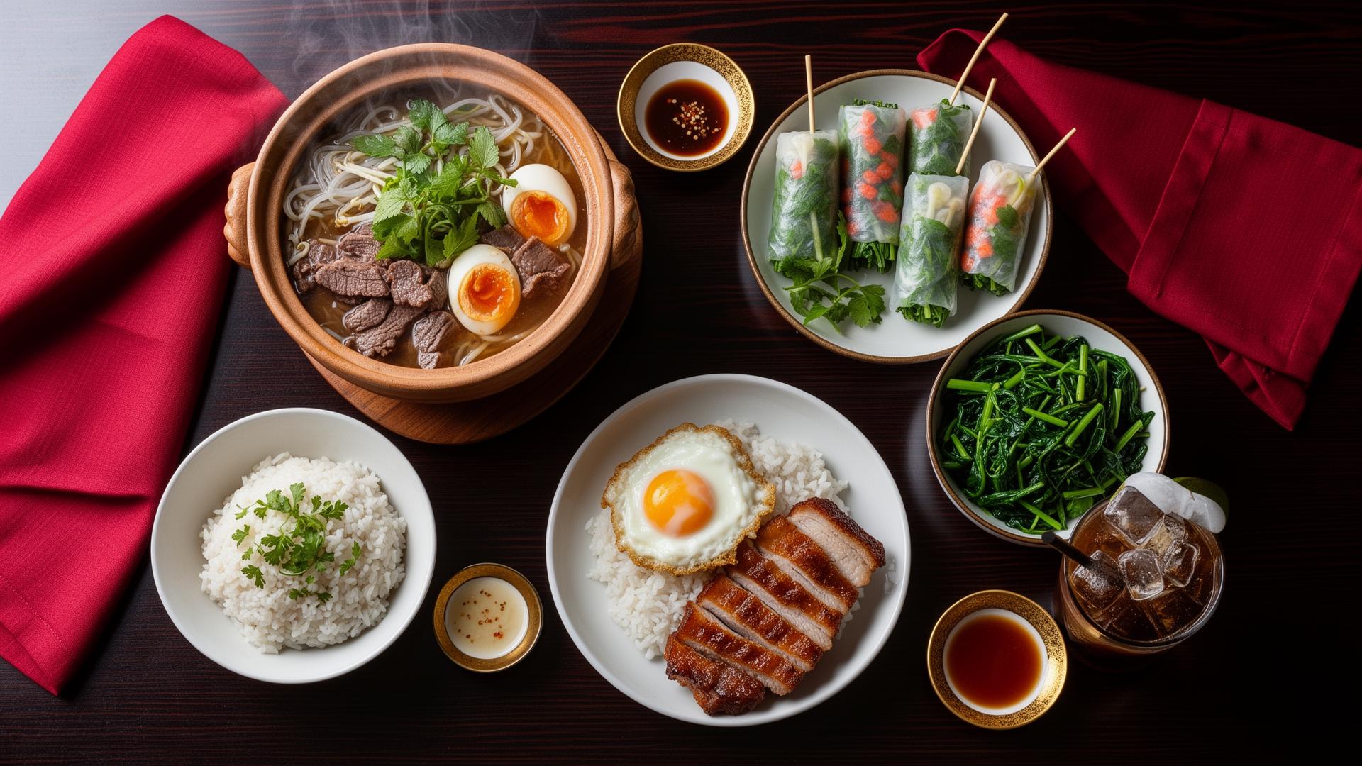 A spread of traditional Vietnamese dishes by Auntie Hương